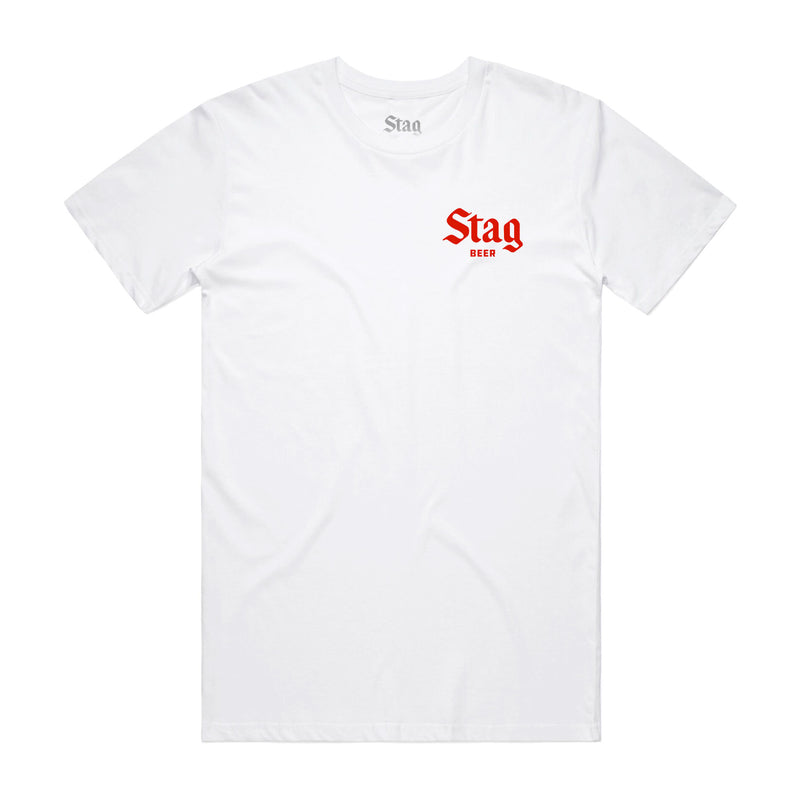 front of white t-shirt with Red Stag Beer on left chest