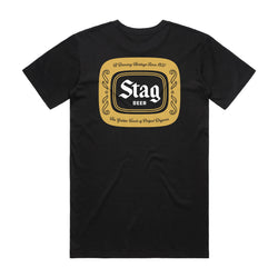 back of black t-shirt with Gold Stag Beer badge