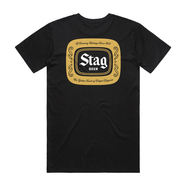 back of black t-shirt with Gold Stag Beer badge