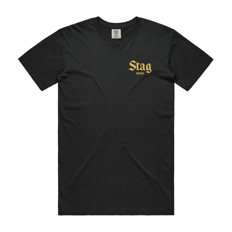 front of black t-shirt with Gold Stag Beer on the left chest