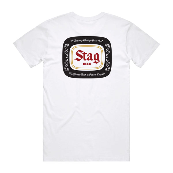 back of white t-shirt with Black Stag Beer Badge