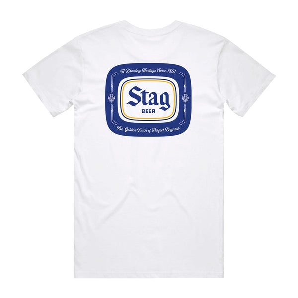 back of white t-shirt with Blue Stag Beer Badge