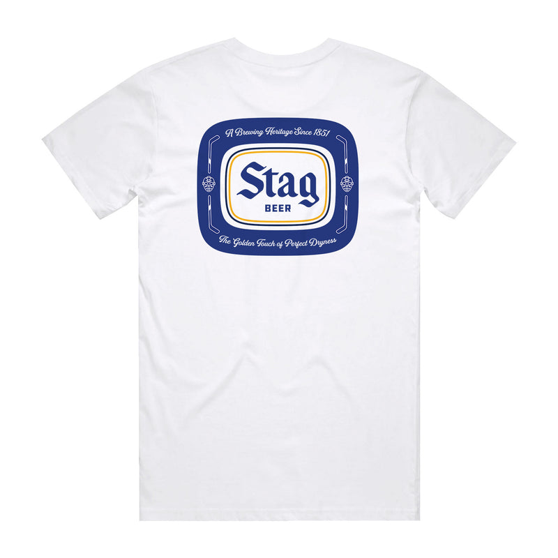 back of white t-shirt with Blue Stag Beer Badge