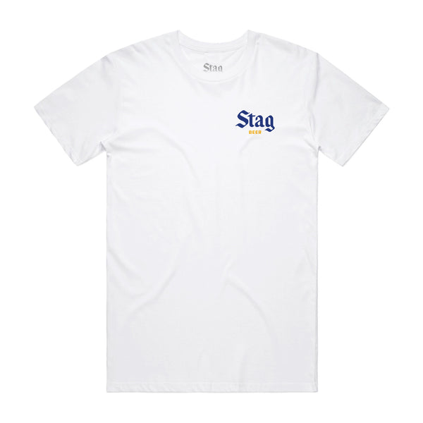 front of white t-shirt with Blue & Gold Stag Beer on the left chest