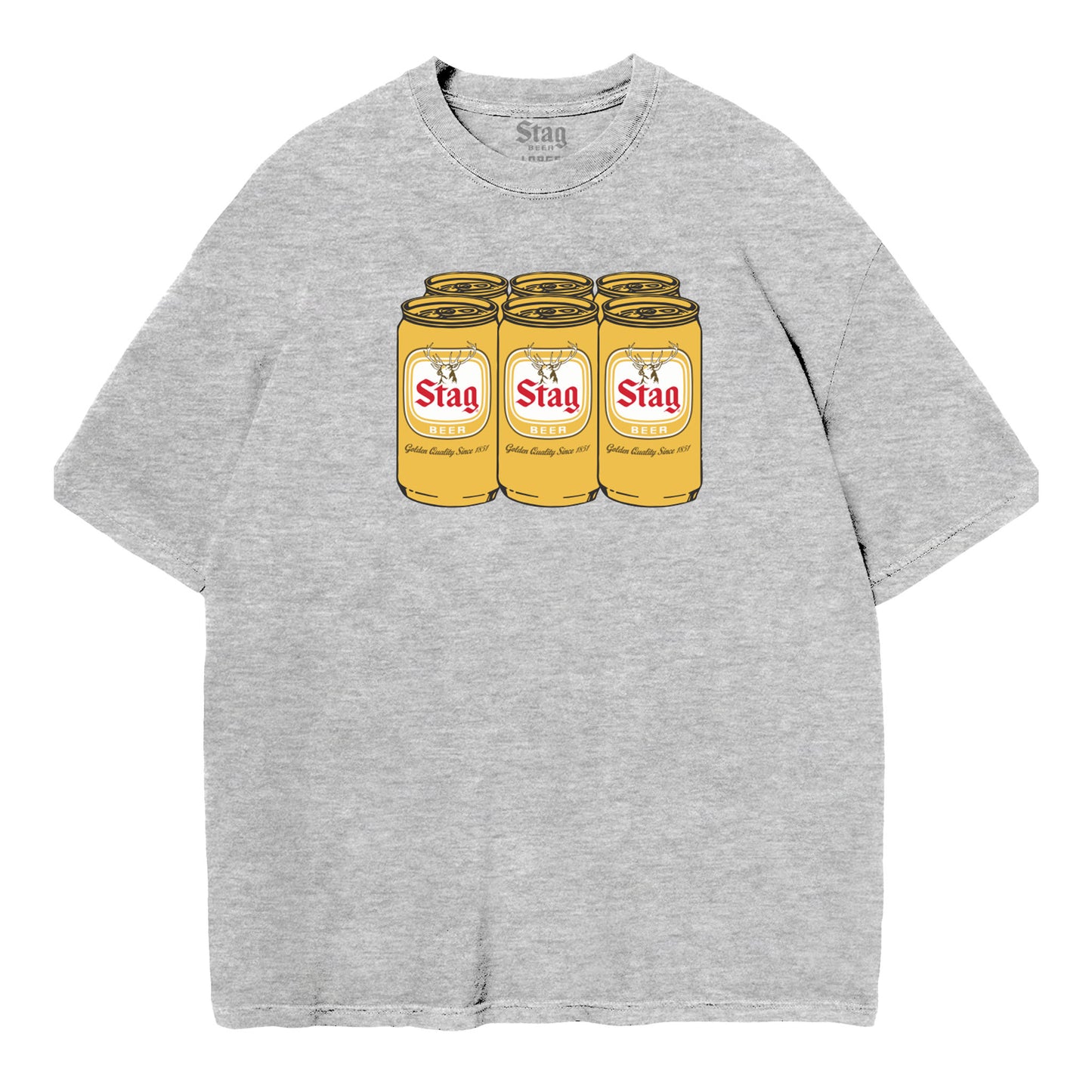 A heather gray short-sleeve t-shirt featuring a graphic print of six golden beer cans with the red and white 'Stag' logo on the chest, displayed against a solid white background.