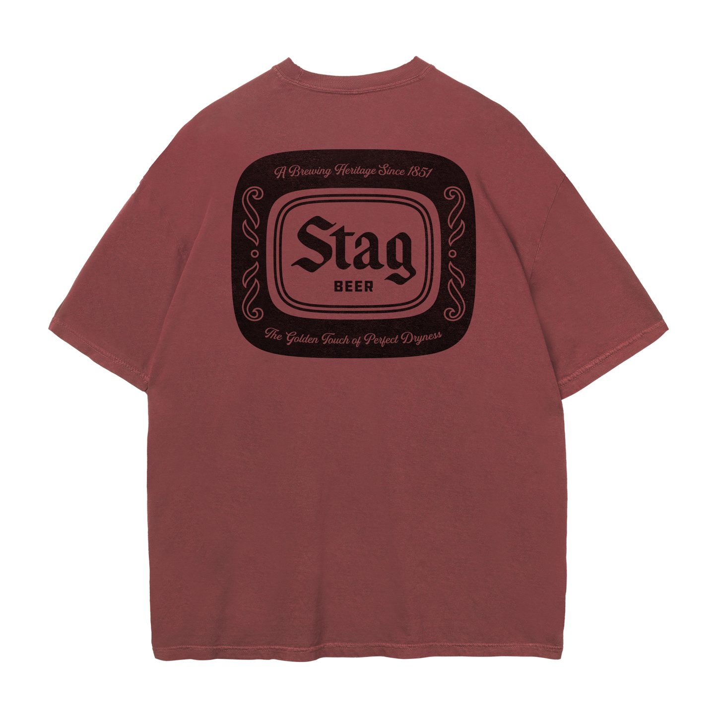 Maroon t-shirt with 'Stag Beer' logo on the back against a white background