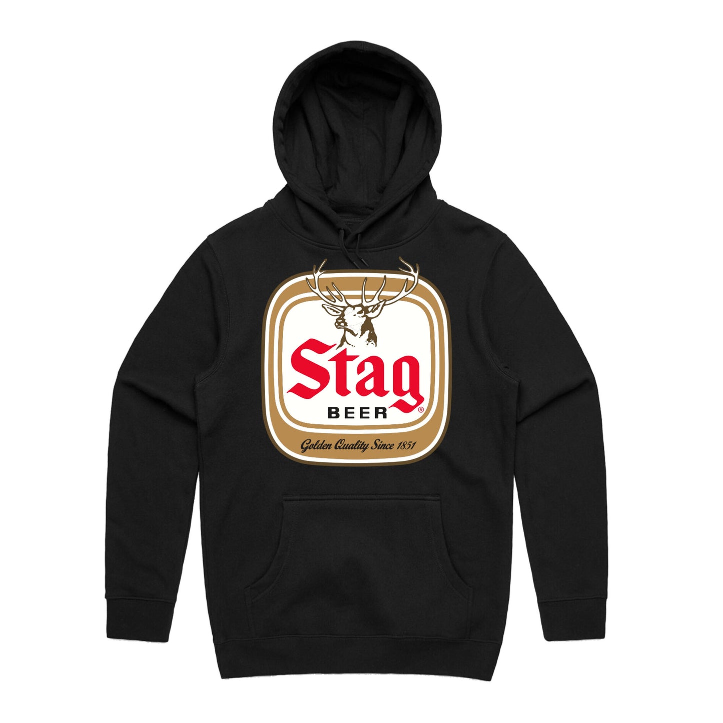 A black pullover hoodie featuring a large Stag Beer logo printed on the chest, displayed against a solid white background.