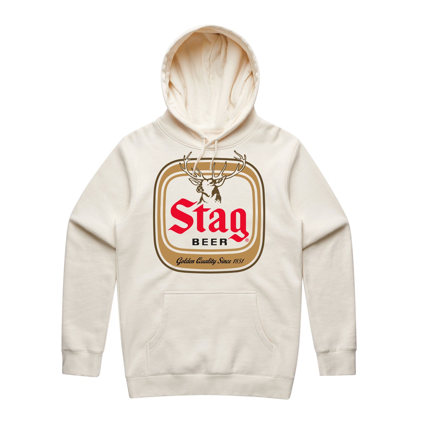 An off-white pullover hoodie featuring a large Stag Beer logo printed on the chest, displayed against a solid white background.