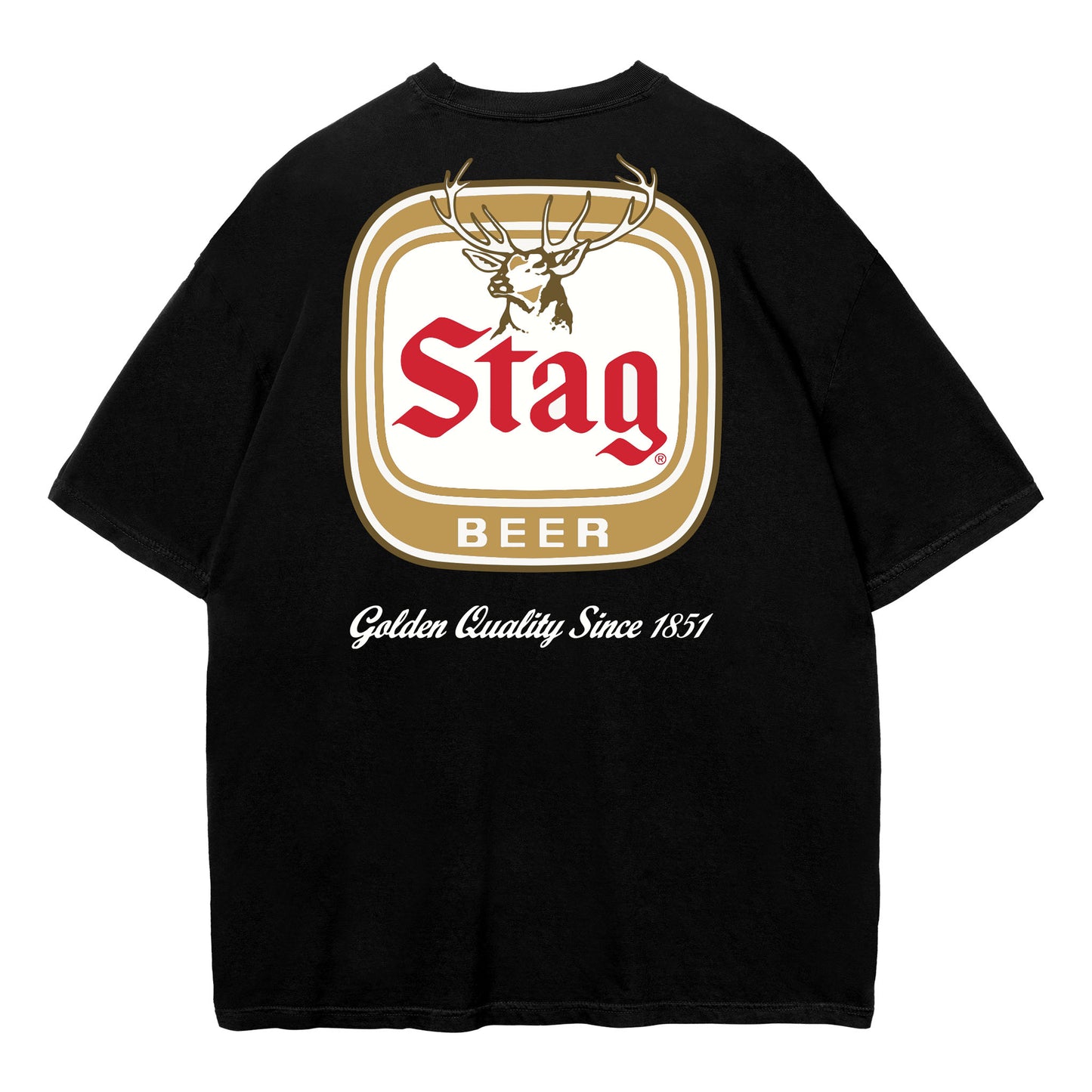 A black short-sleeve t-shirt shown from the back, featuring a large graphic print of the Stag Beer logo with a stag head, red lettering, and gold and white details.