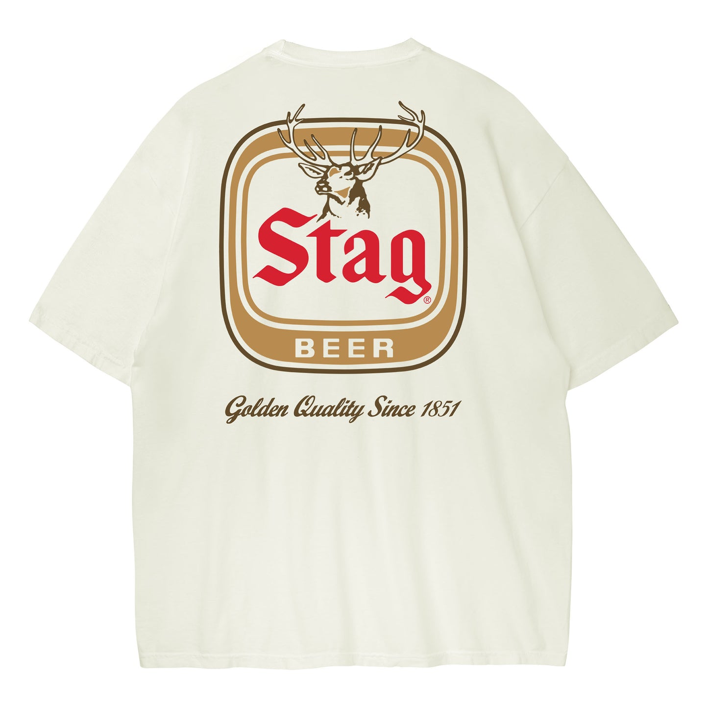 Cream-colored t-shirt featuring a large graphic print on the back. The graphic displays the Stag Beer logo with a stag head, red lettering, and brown accents, along with the text 'Golden Quality Since 1851' below.