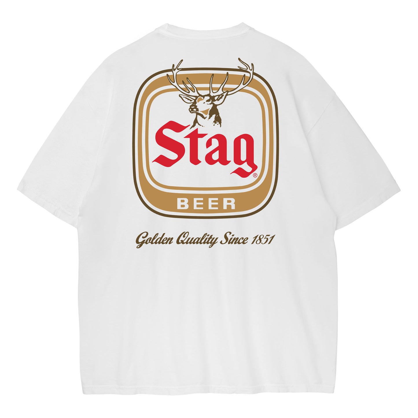 A white short-sleeve t-shirt shown from the back, featuring a large graphic print of the Stag Beer logo with a stag head, red lettering, and gold accents.