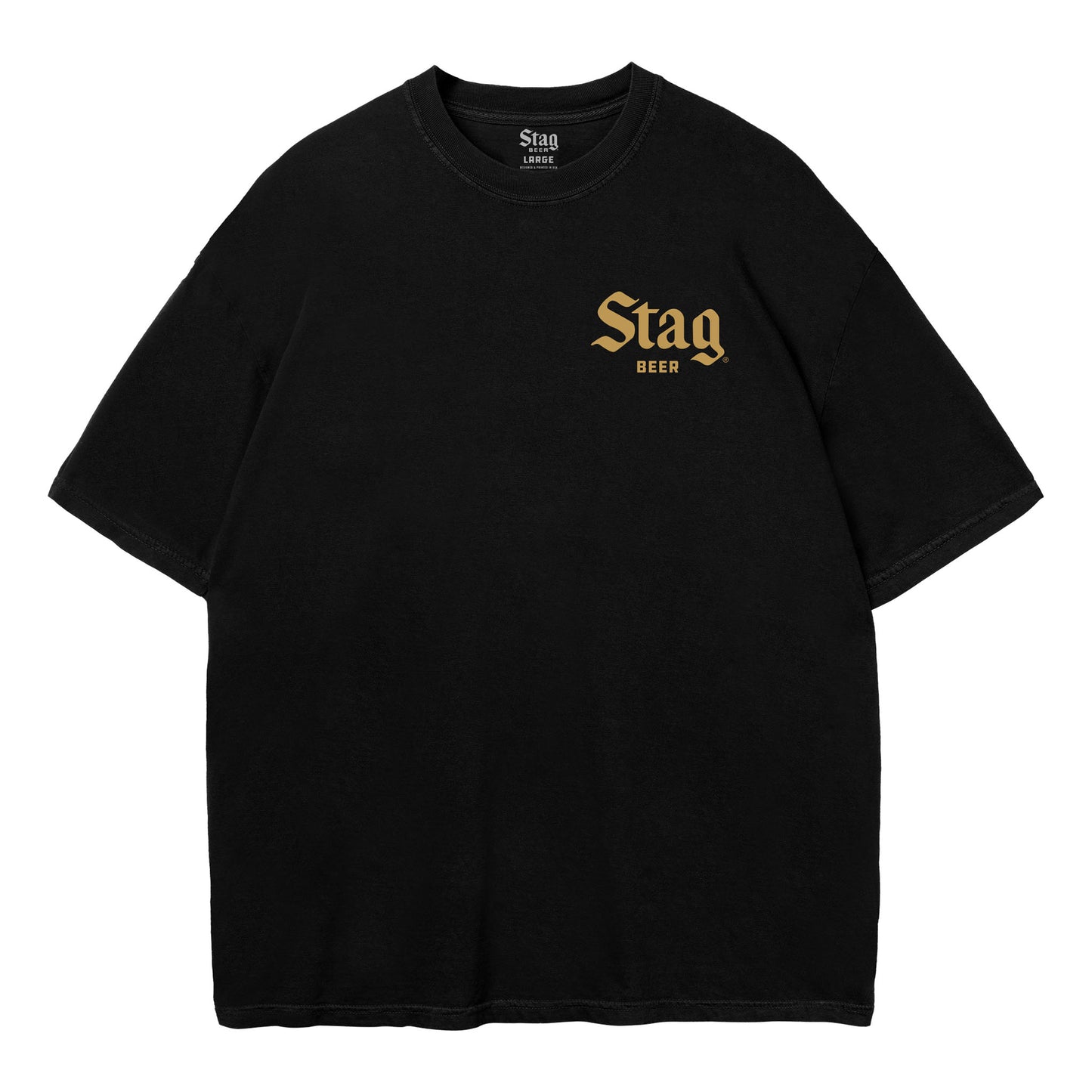 A black short-sleeve crewneck t-shirt with a gold 'Stag' logo and 'BEER' text printed on the left chest, displayed flat against a solid white background.