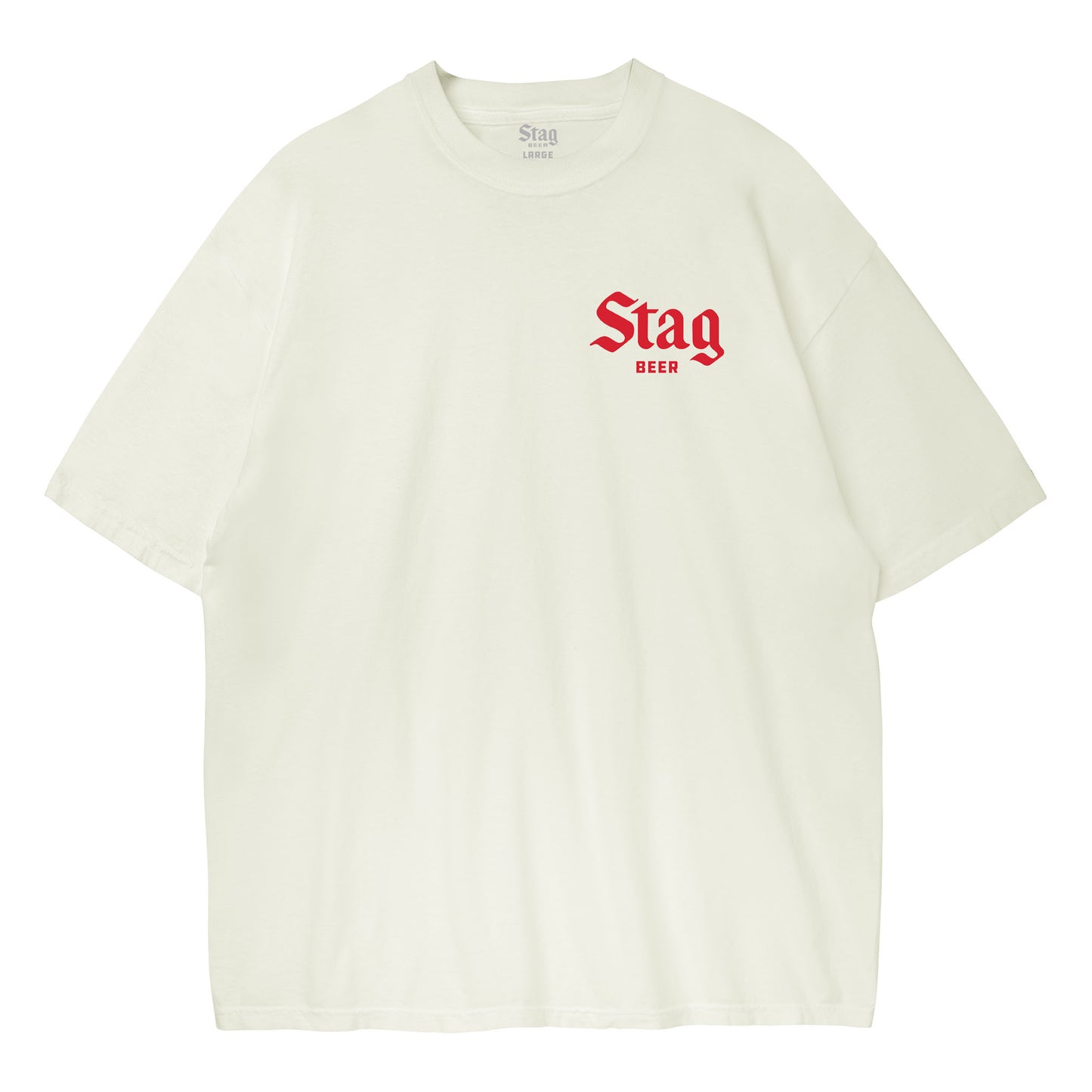 Off-white t-shirt with a red 'Stag' logo and 'BEER' text printed on the left chest, displayed against a solid white background.