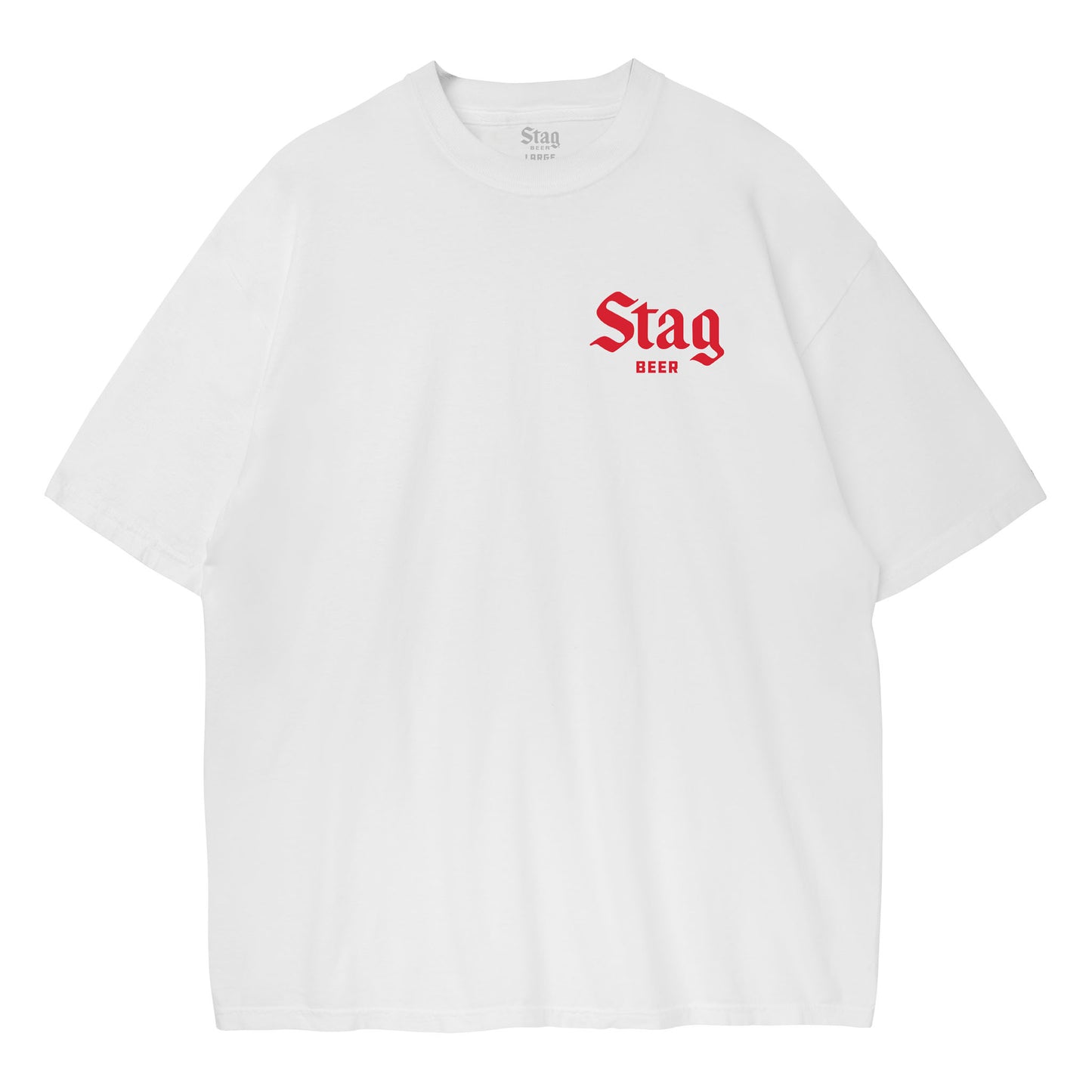 A white short-sleeve crewneck t-shirt with a red 'Stag' logo and 'BEER' text printed on the left chest, displayed against a solid white background.