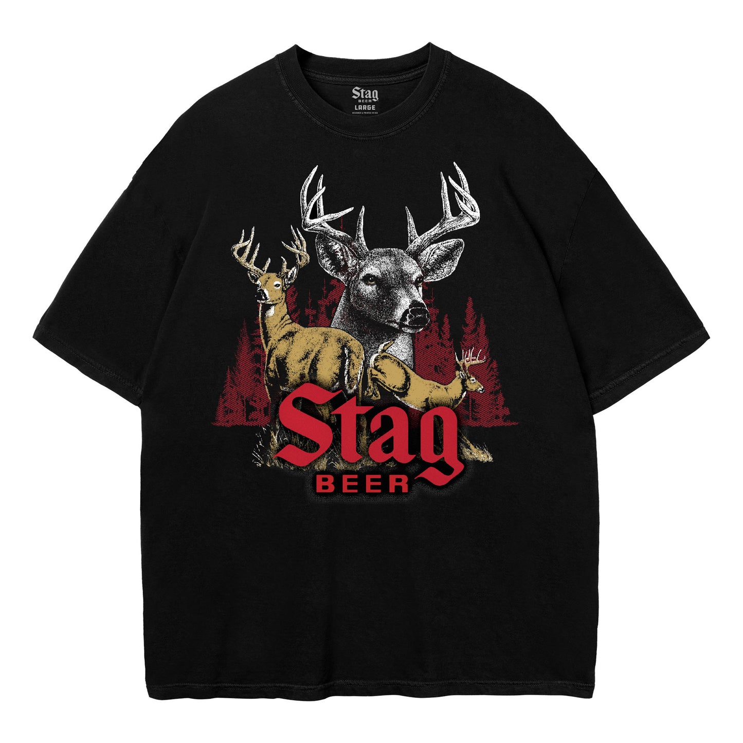A black short-sleeve graphic t-shirt featuring a large front print of two deer, red pine trees, and the text 'Stag Beer' in red and black.