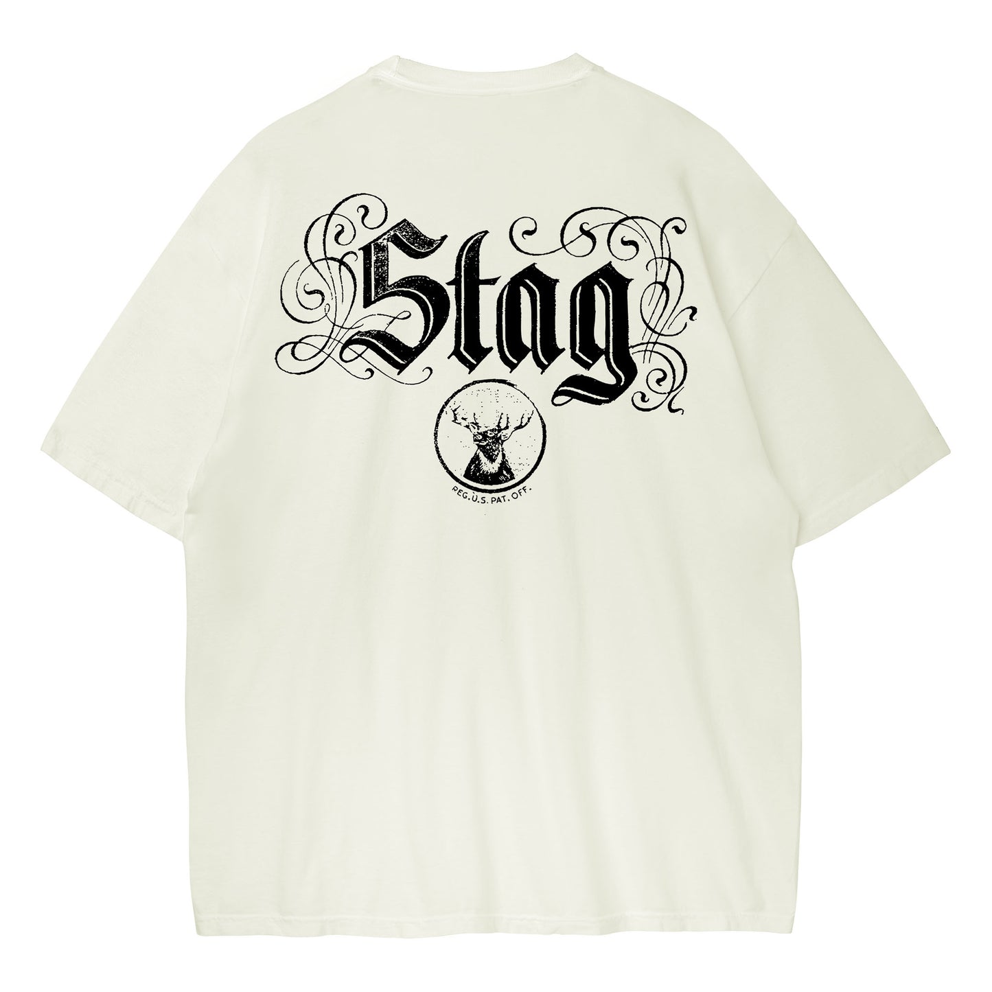 An off-white short-sleeve t-shirt shown from the back, featuring a large black gothic-style graphic that reads 'Stag' with decorative flourishes and a circular deer logo underneath.
