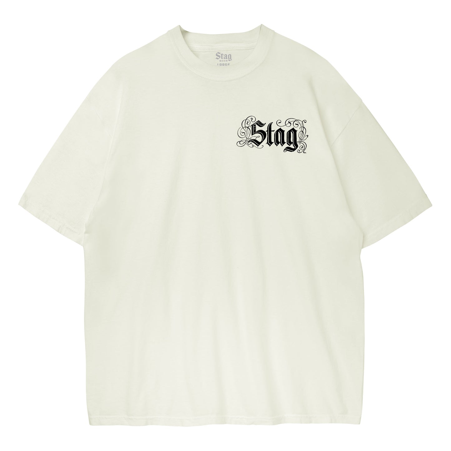  off-white t-shirt with a black gothic-style 'Stag' logo printed on the left chest, displayed on a clean white background.