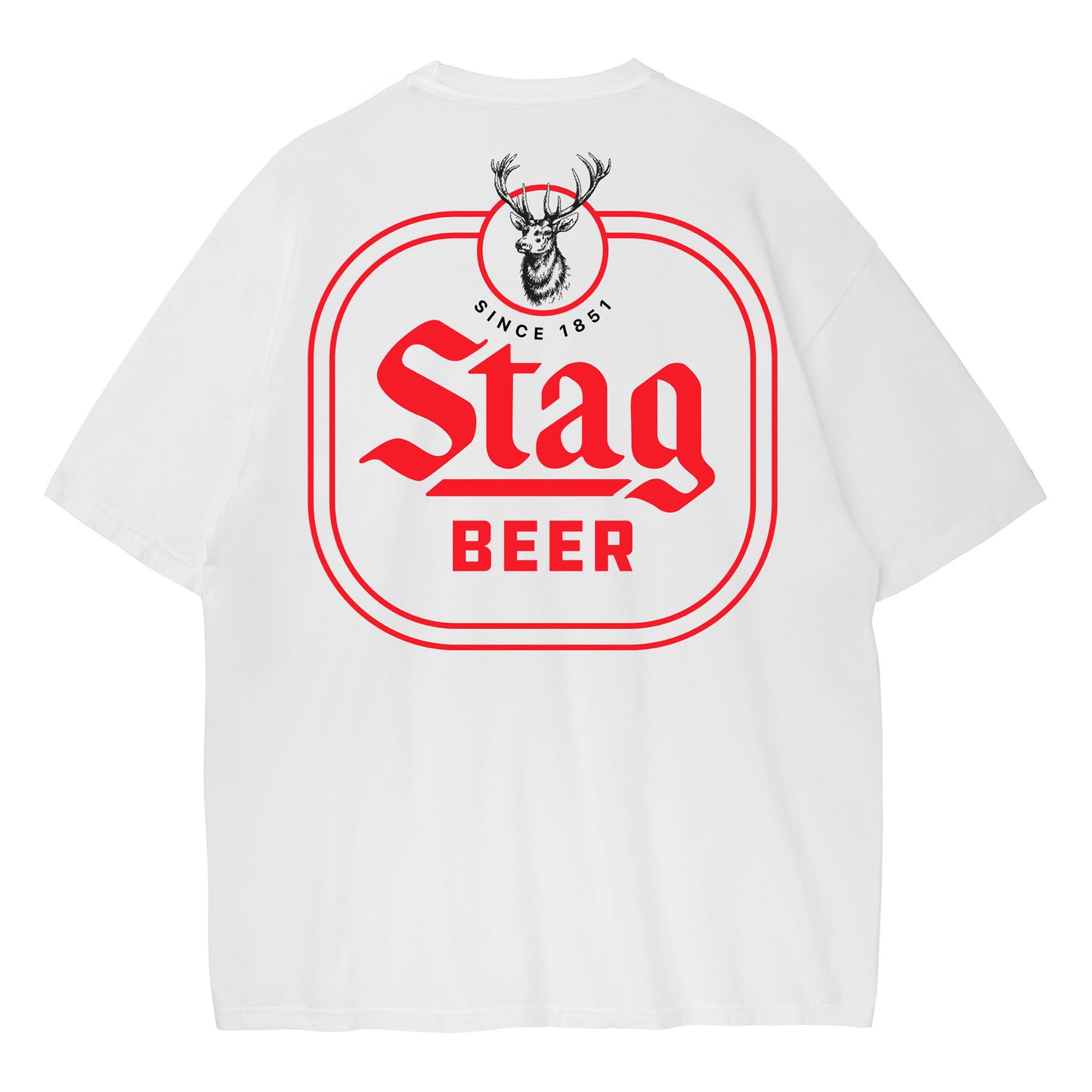 White short-sleeve T-shirt shown from the back, featuring a large red and black Stag Beer logo graphic on the center back.