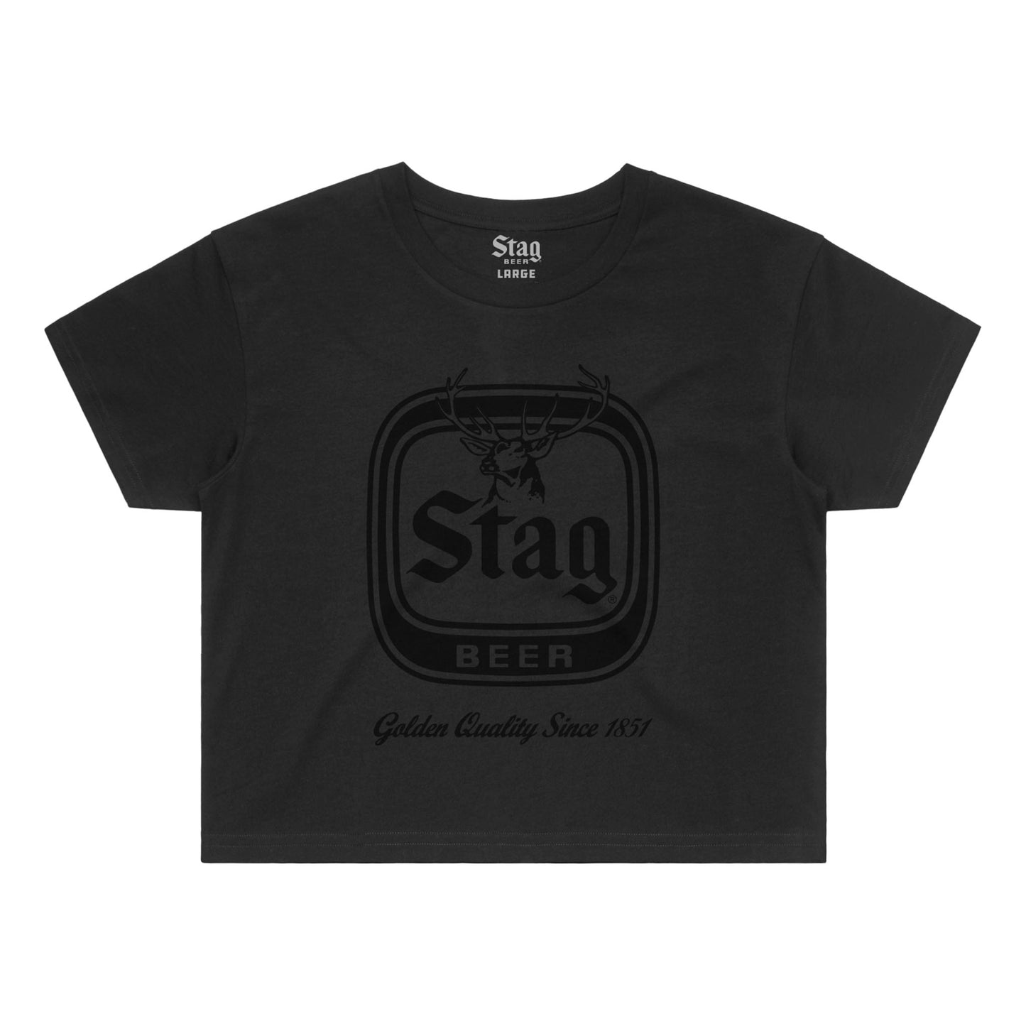 A black short-sleeve crop top t-shirt featuring a tonal black graphic of the Stag Beer logo on the front, set against a plain white background.