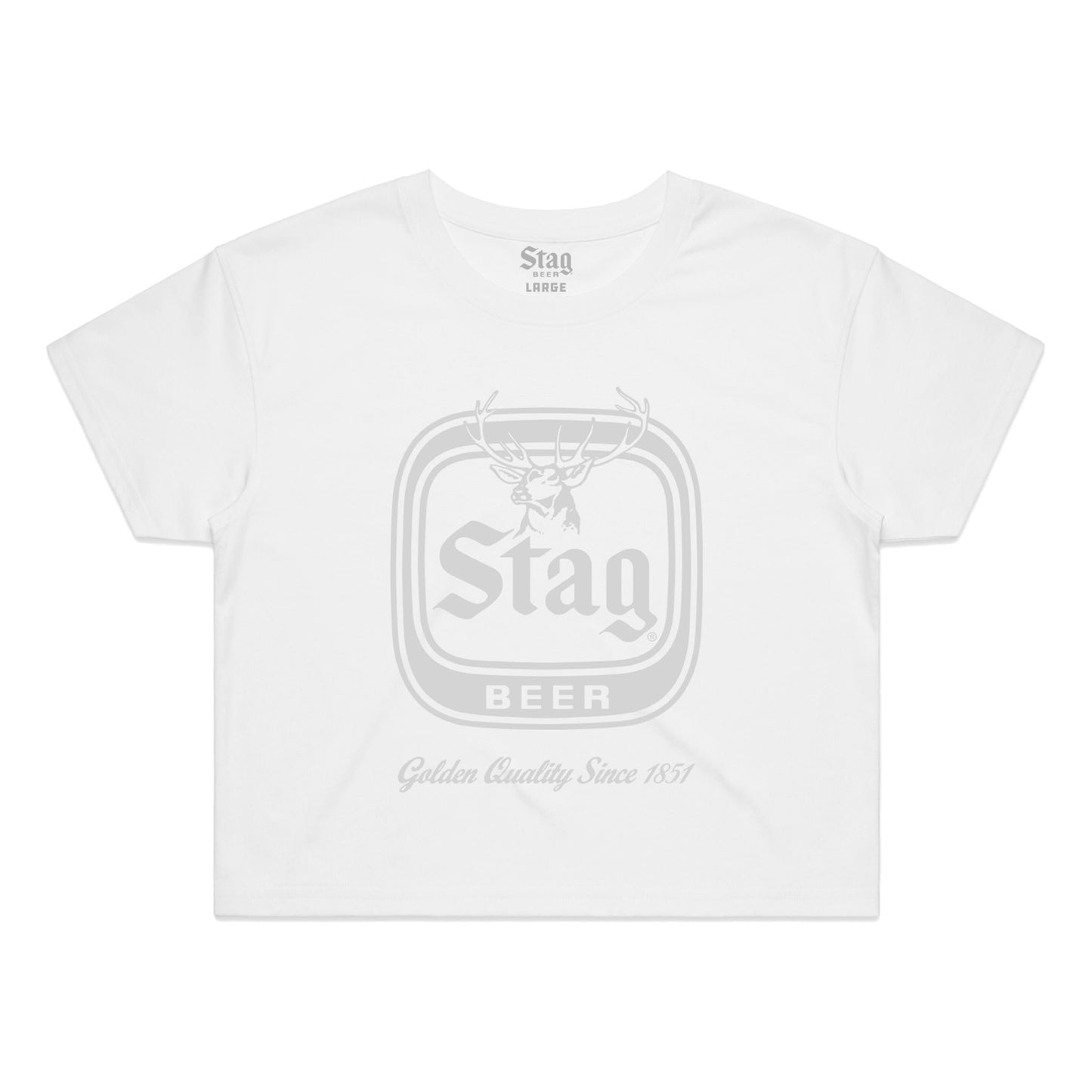 A white short-sleeve crewneck t-shirt featuring a faded gray graphic of the Stag Beer logo on the front, with 'Stag' also printed inside the collar.