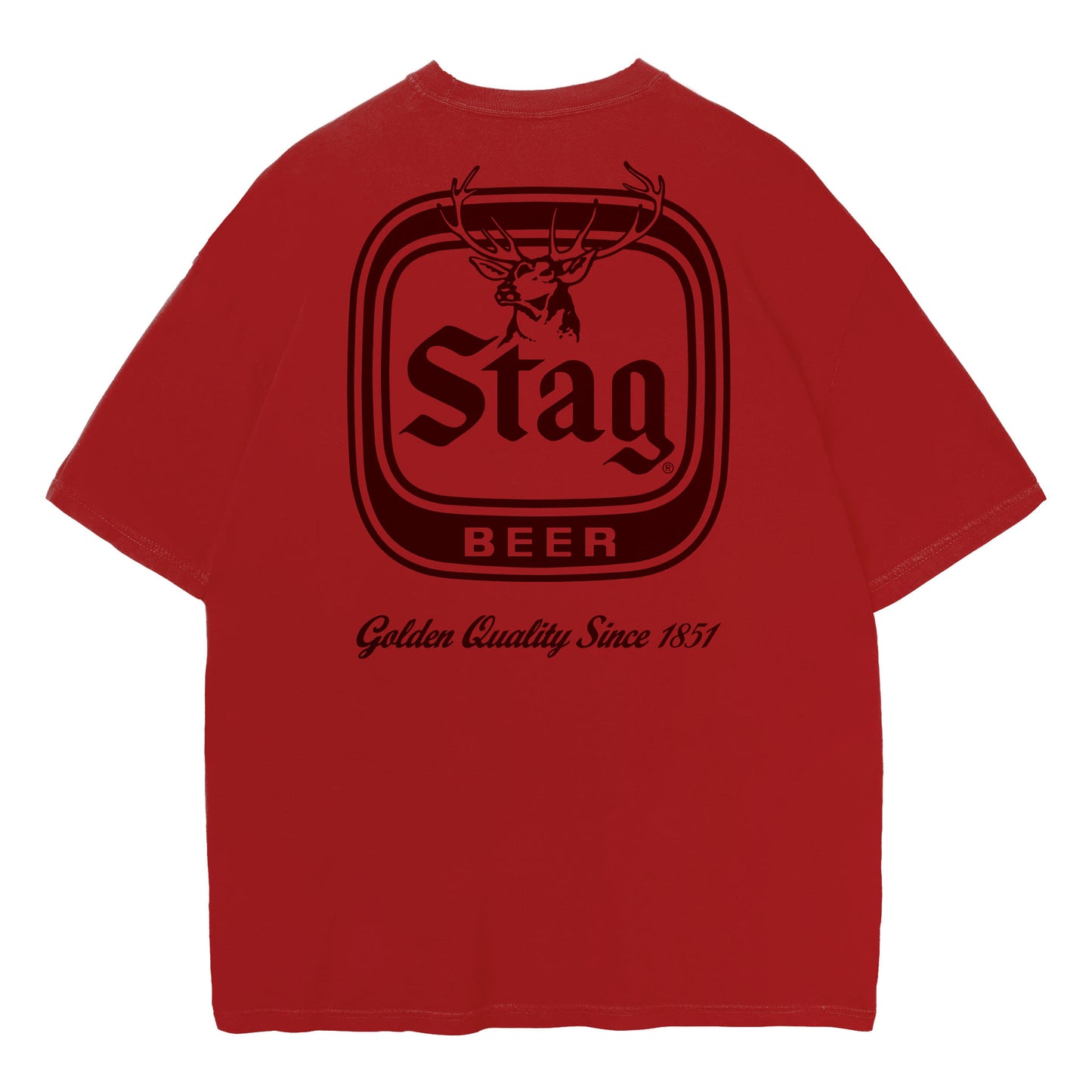 A red short-sleeve t-shirt shown from the back, featuring a large black Stag Beer logo and 'Golden Quality Since 1851' text printed on the center.