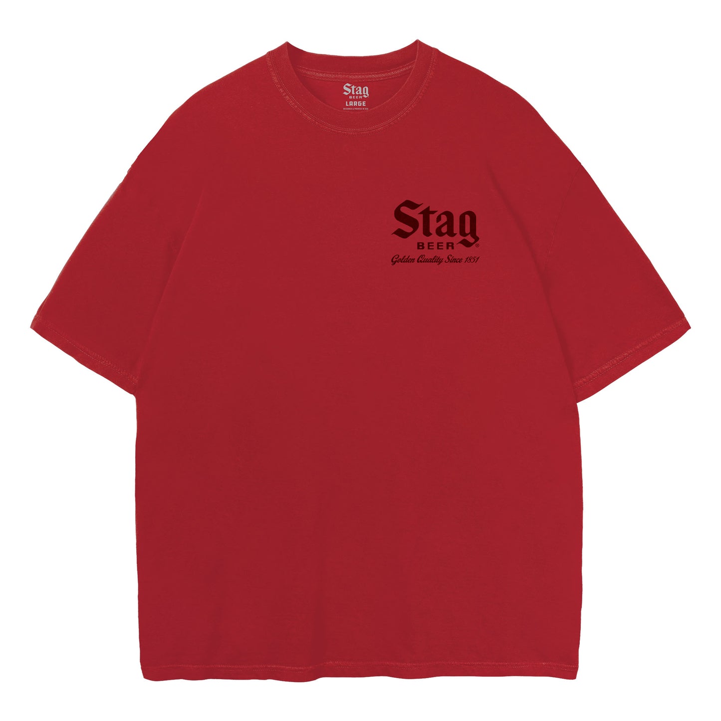 A red short-sleeve crewneck t-shirt with a black gothic-style 'Stan REEG' graphic on the left chest, displayed flat against a solid white background.