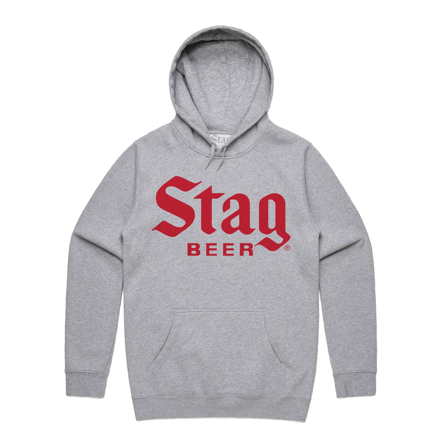 A heather gray pullover hoodie featuring a bold red 'Stag BEER' logo printed across the chest, displayed on a clean white background.