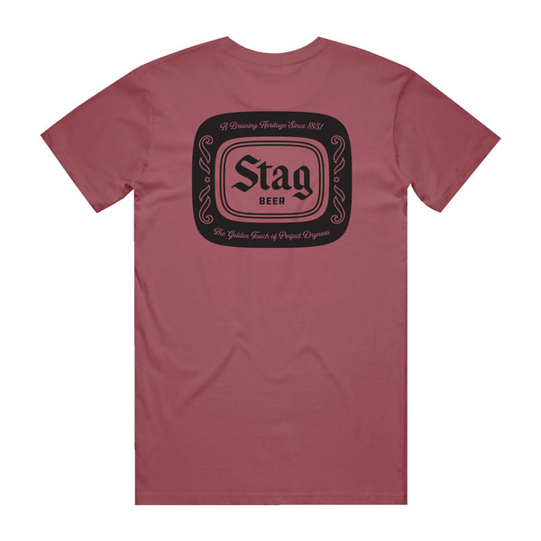back of muted red t-shirt with Stag Beer badge