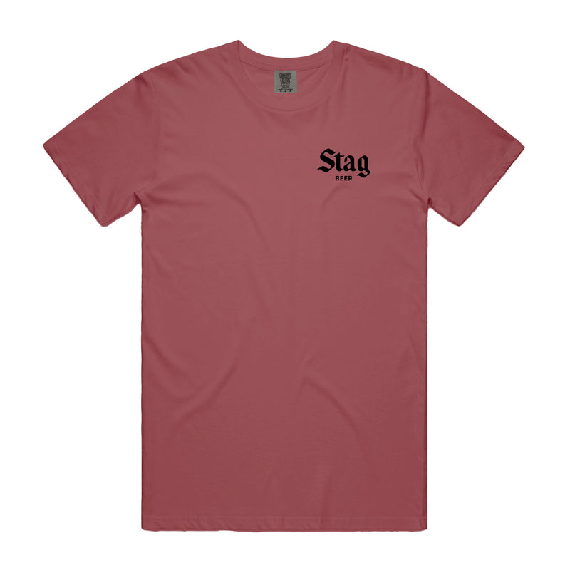 front of muted red t-shirt with Stag Beer on the left chest