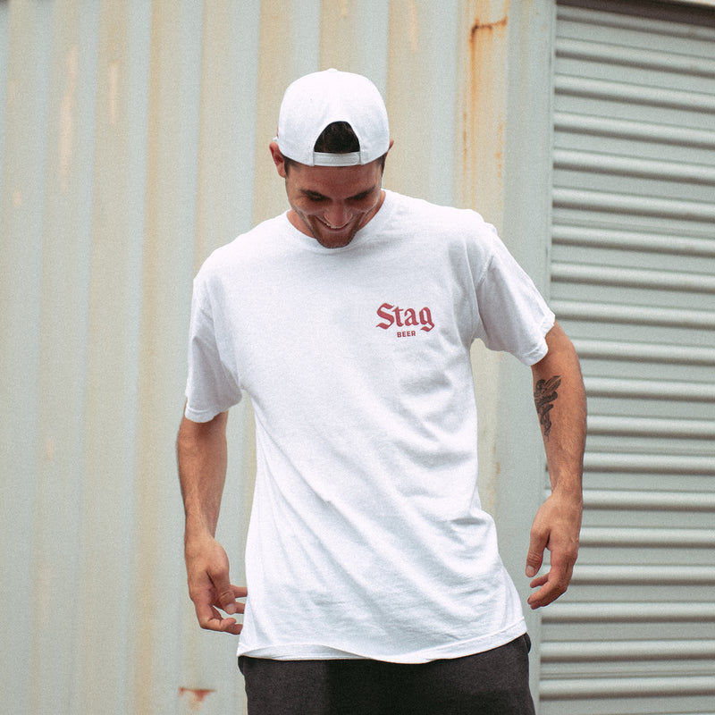 front of white t-shirt with Red Stag Beer on left chest on male model