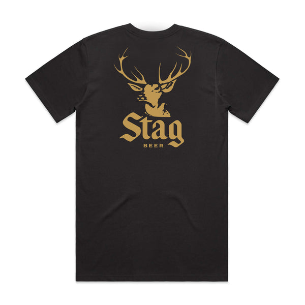 back of black t-shirt with deer head above "stag beer"