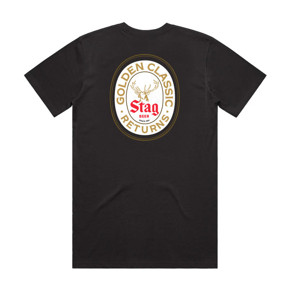 back of black t-shirt with "golden classic returns" bordering stag beer deer head 