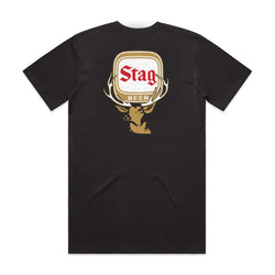 back of black t-shirt with stag beer logo and deer