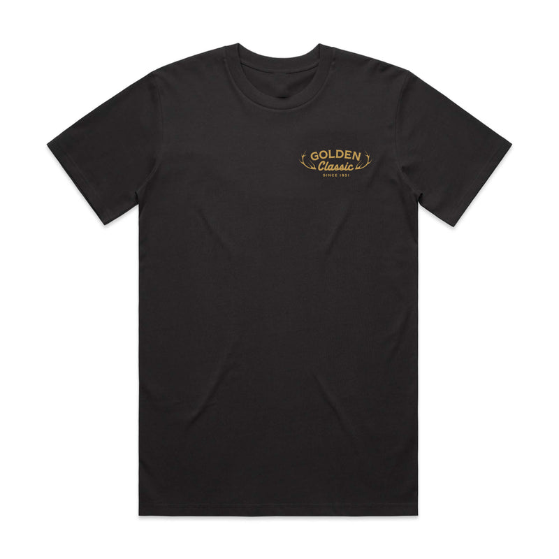 front of black t-shirt with "golden classic since 1851" and an antler on both sides of the text