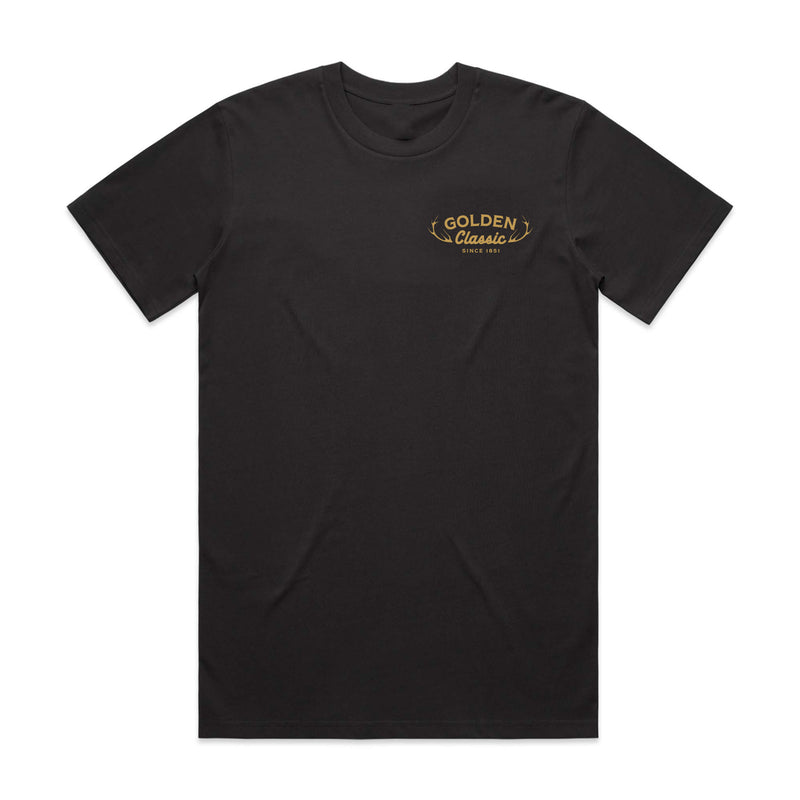 front of black t-shirt with "golden classic" and antlers on each side of text
