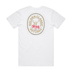 back of white t-shirt with "golden classic returns" bordering stag beer deer head