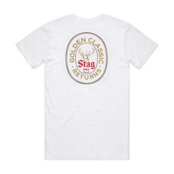 back of white t-shirt with "golden classic returns" bordering stag beer deer head