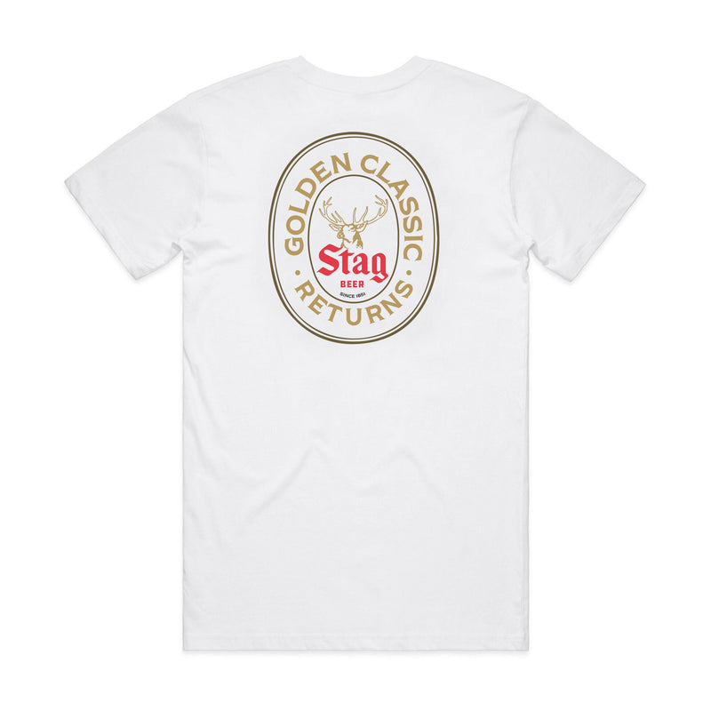 back of white t-shirt with "golden classic returns" bordering stag beer deer head