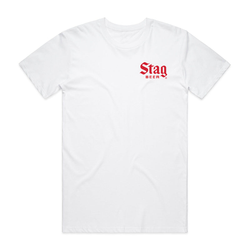 front of white t-shirt with "stag beer" on pocket