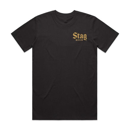 front of black t-shirt with "stag beer" on pocket